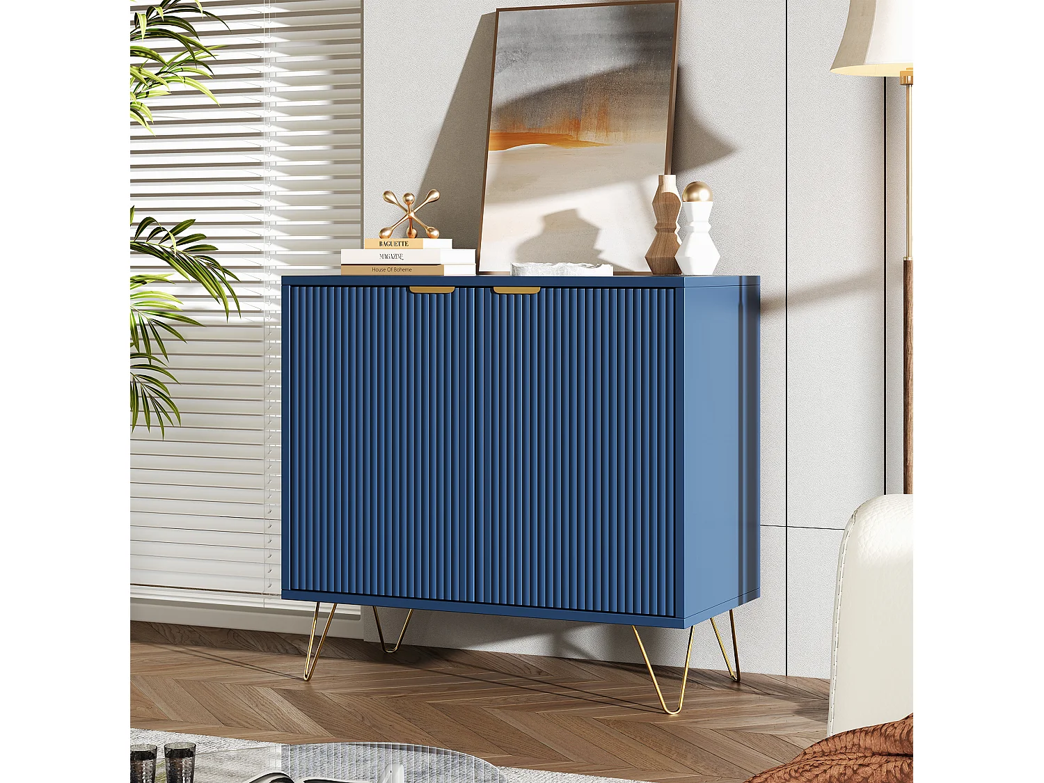 Buffet deux portes bleu marine avec pieds dorés – Design moderne et élégant