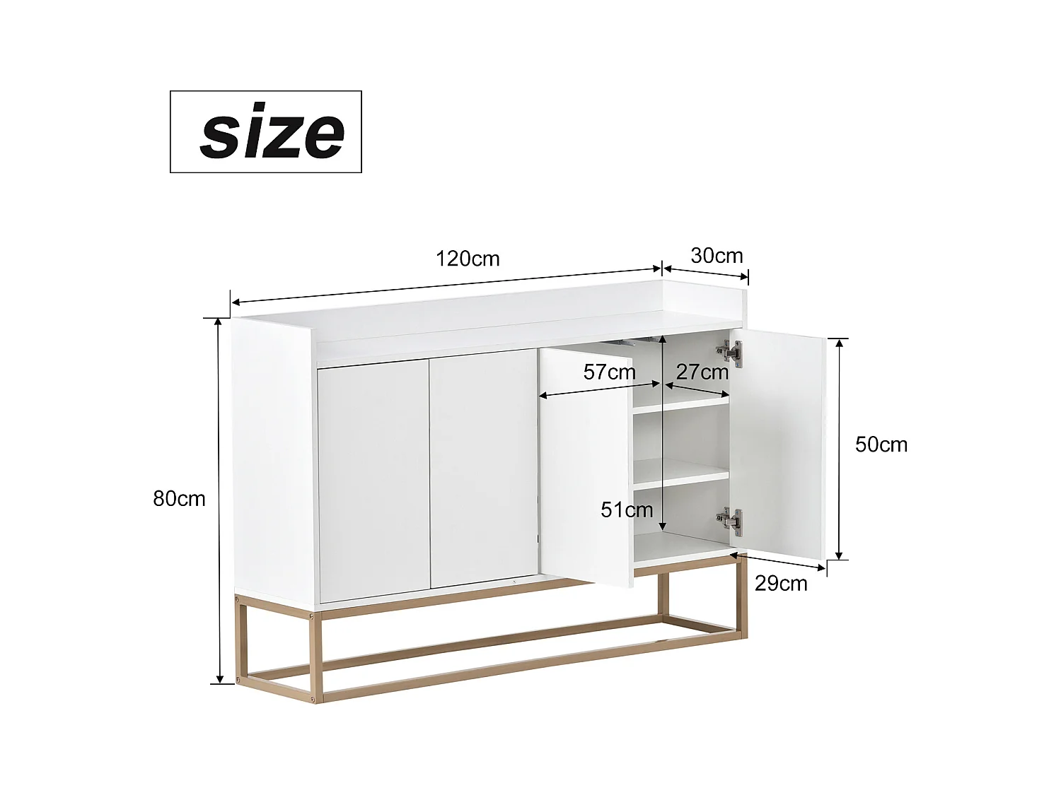 Modern minimalistisch dressoir 120 cm met 4 deuren, metalen frame en verstelbare planken - wit en goud