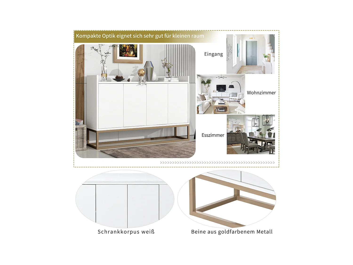 Modern minimalistisch dressoir 120 cm met 4 deuren, metalen frame en verstelbare planken - wit en goud