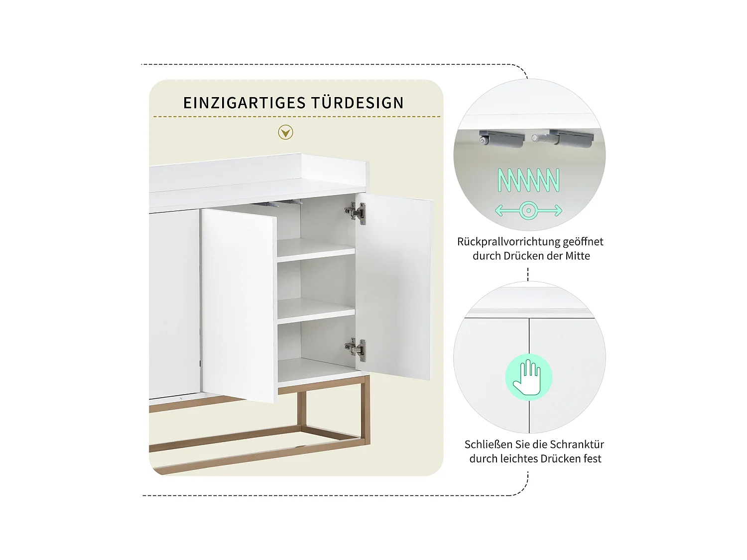 Modern minimalistisch dressoir 120 cm met 4 deuren, metalen frame en verstelbare planken - wit en goud