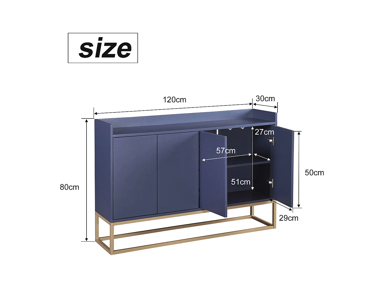 Modern minimalistisch dressoir 120 cm met 4 deuren, metalen frame en verstelbare planken - blauw en goud