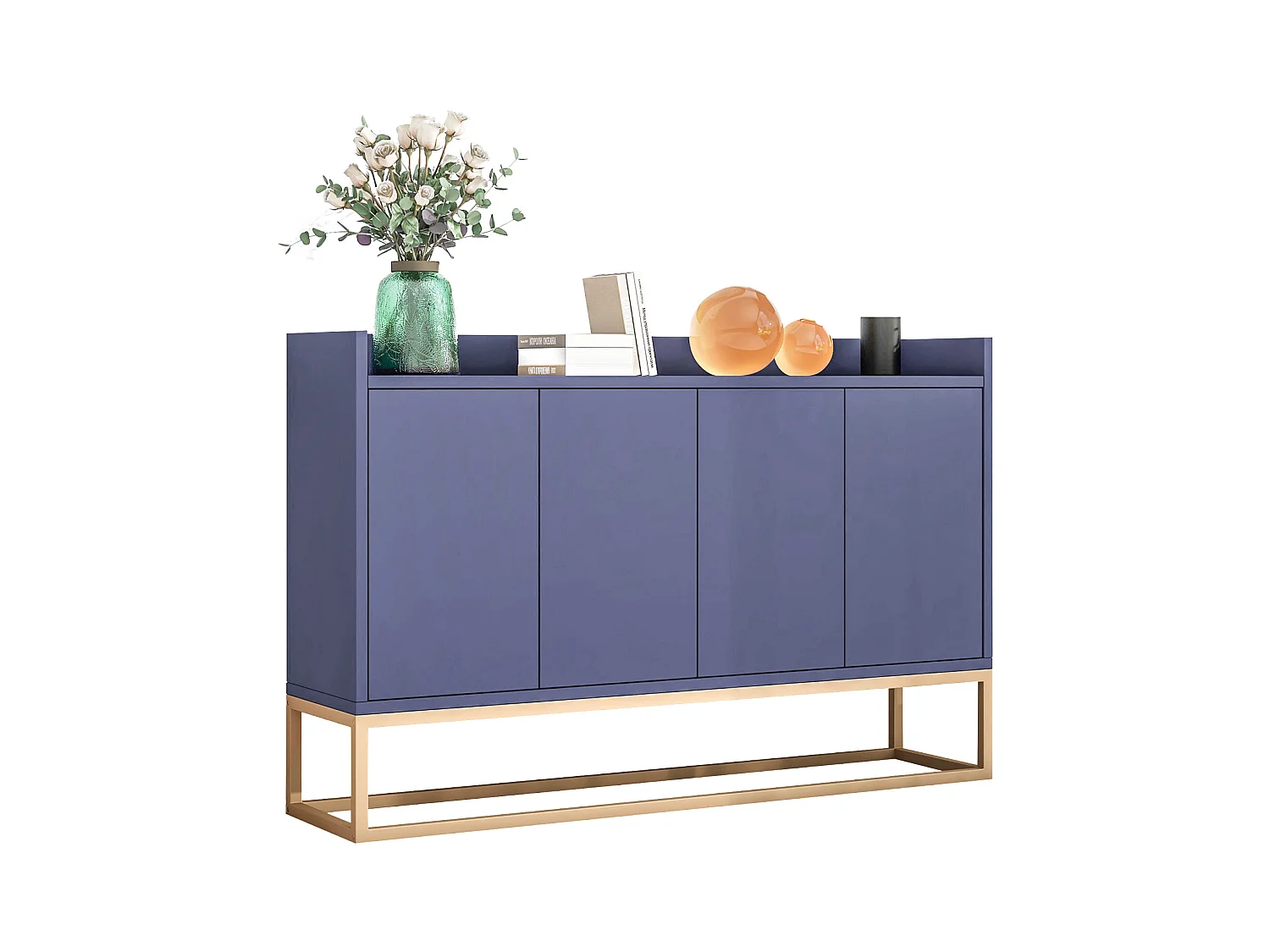 Modern minimalistisch dressoir 120 cm met 4 deuren, metalen frame en verstelbare planken - blauw en goud