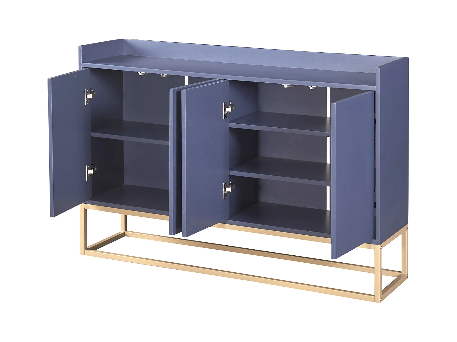 Modern minimalistisch dressoir 120 cm met 4 deuren, metalen frame en verstelbare planken - blauw en goud