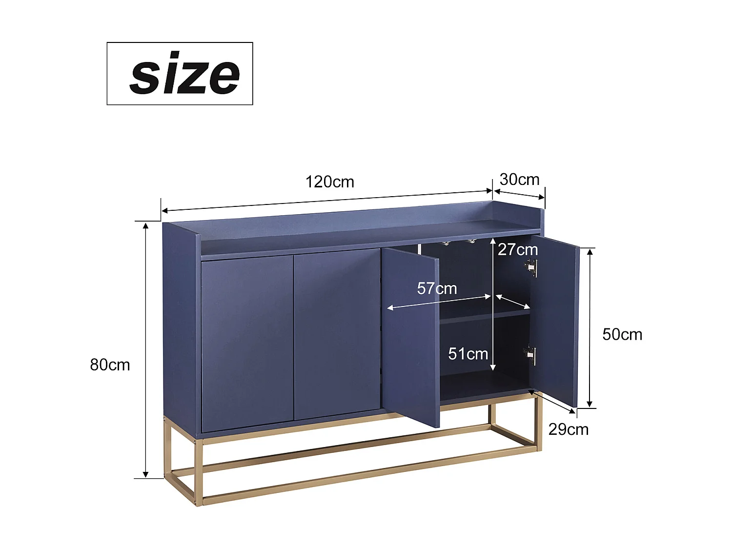 Modern minimalistisch dressoir 120 cm met 4 deuren, metalen frame en verstelbare planken - blauw en goud