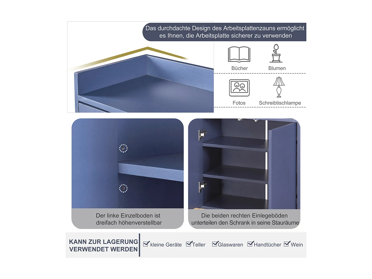 Modern minimalistisch dressoir 120 cm met 4 deuren, metalen frame en verstelbare planken - blauw en goud