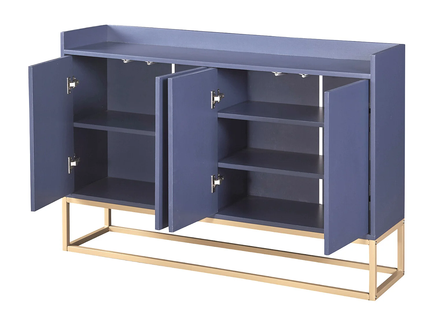 Modern minimalistisch dressoir 120 cm met 4 deuren, metalen frame en verstelbare planken - blauw en goud