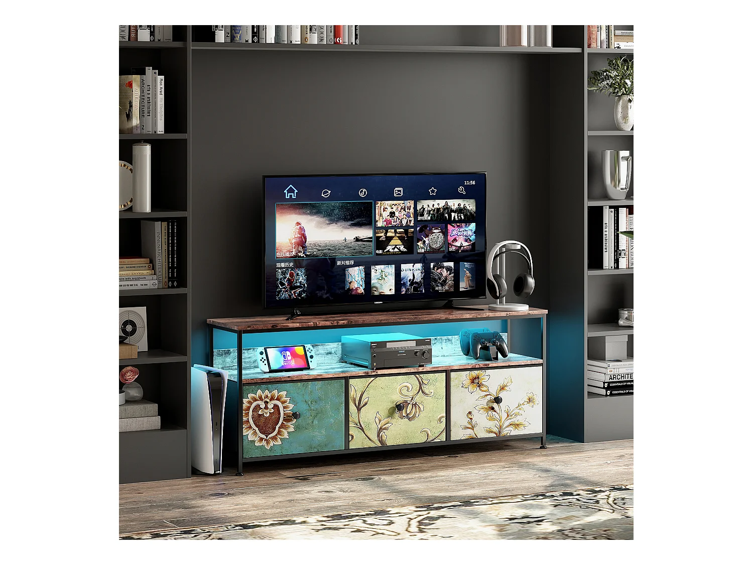 Meuble TV avec LED RGB, 3 tiroirs en tissu vintage, structure en métal, 137 x 30 x 57 cm, étagère réglable