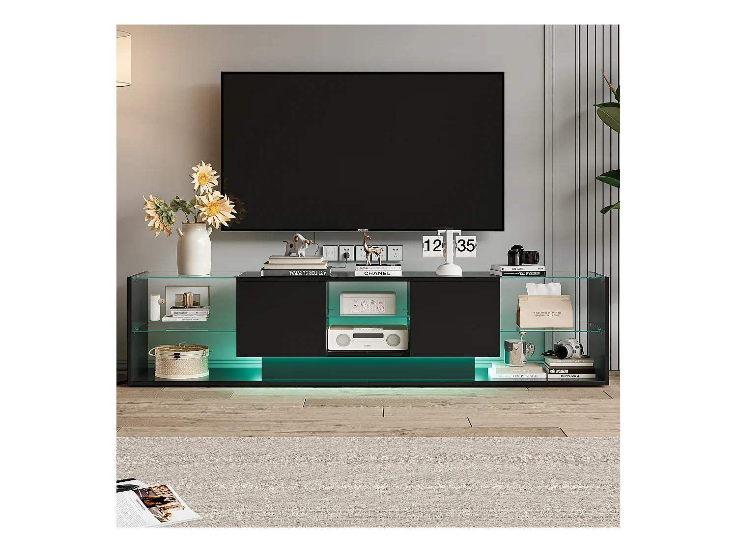 Meuble TV LED suspendu noir de 200 cm au design moderne, en verre trempé et éclairage RVB