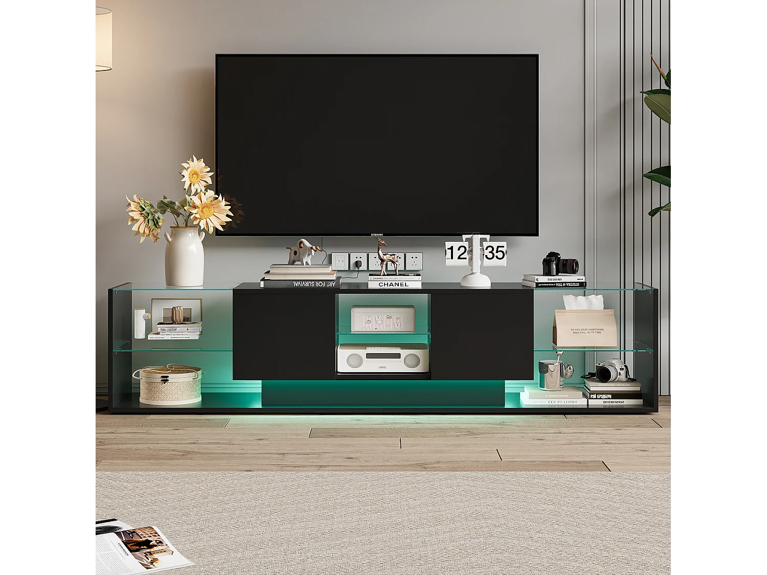 Meuble TV LED suspendu noir de 200 cm au design moderne, en verre trempé et éclairage RVB