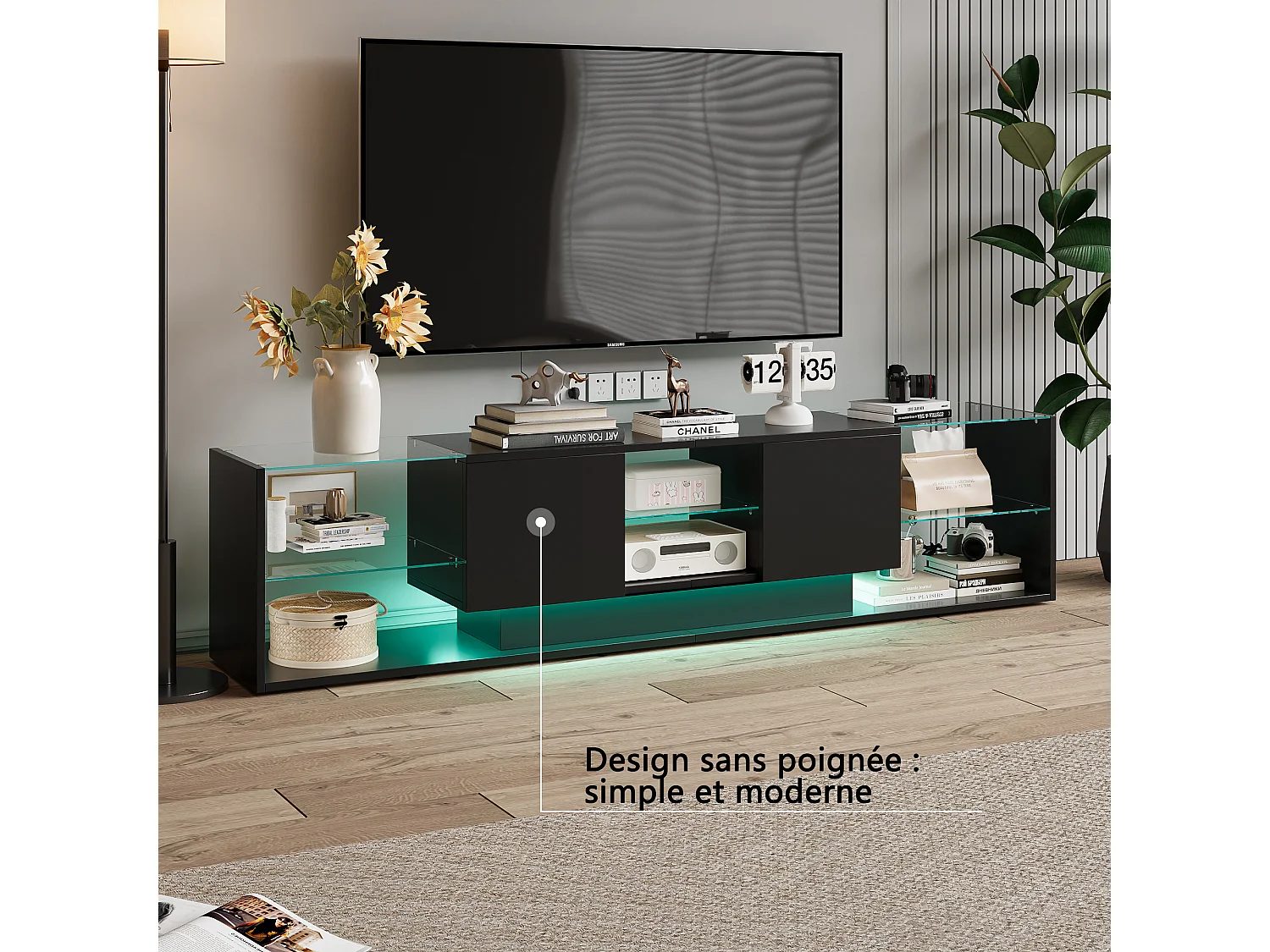 Mobile TV LED sospeso nero da 200 cm con design moderno, vetro temperato e illuminazione RGB
