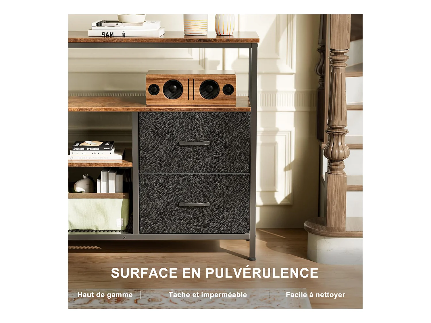 Meuble TV avec LED RGB, 4 tiroirs en tissu vintage, structure en métal, 108 x 30 x 57 cm, étagère réglable