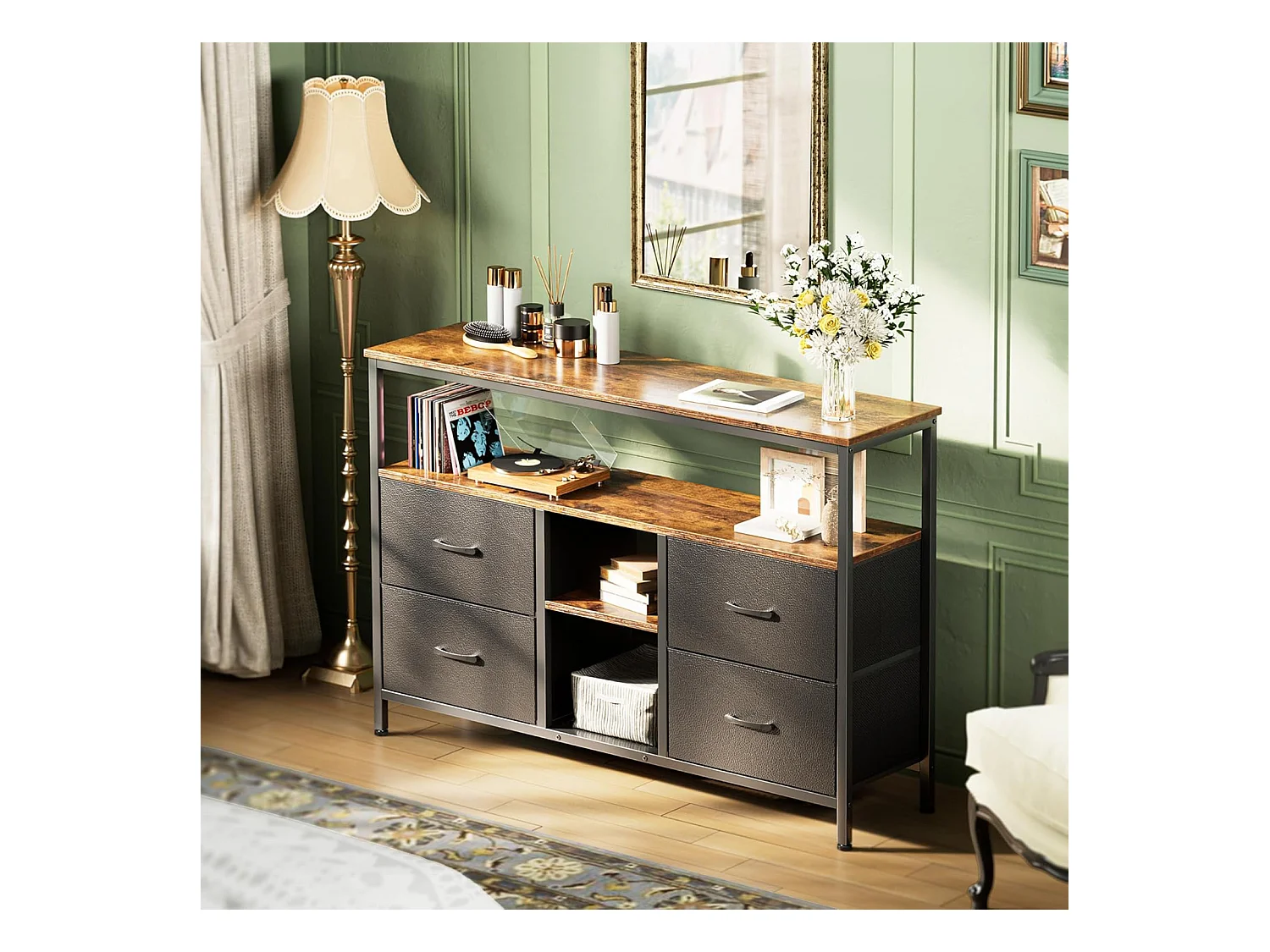 TV-Schrank mit RGB-LED, 4 Vintage-Stoffschubladen, Metallrahmen, 108 x 30 x 57 cm, verstellbares Regal