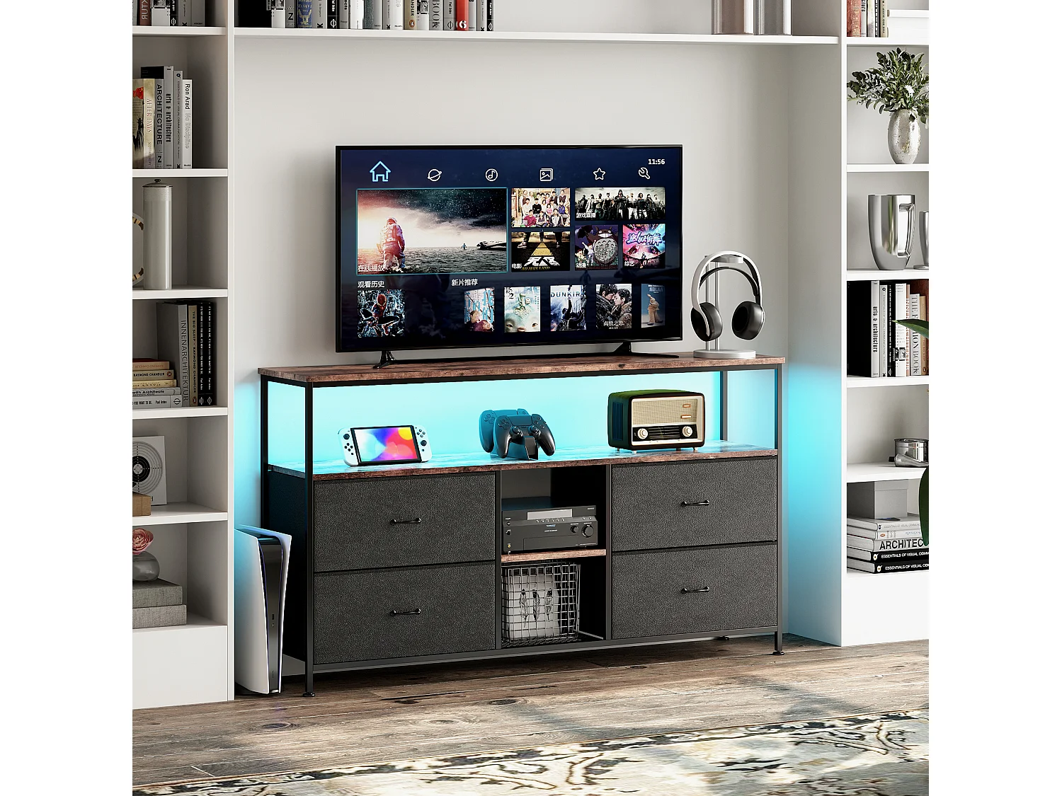 Meuble TV avec LED RGB, 4 tiroirs en tissu vintage, structure en métal, 108 x 30 x 57 cm, étagère réglable