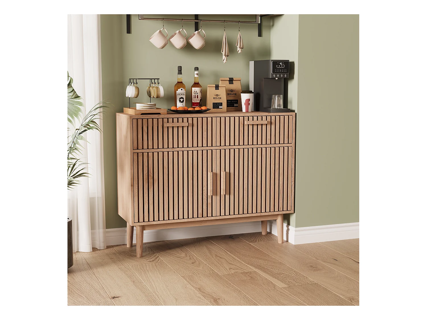 Buffet en bois massif avec 2 tiroirs et 2 portes – Design nordique, 100 x 35 x 80 cm, couleur naturelle