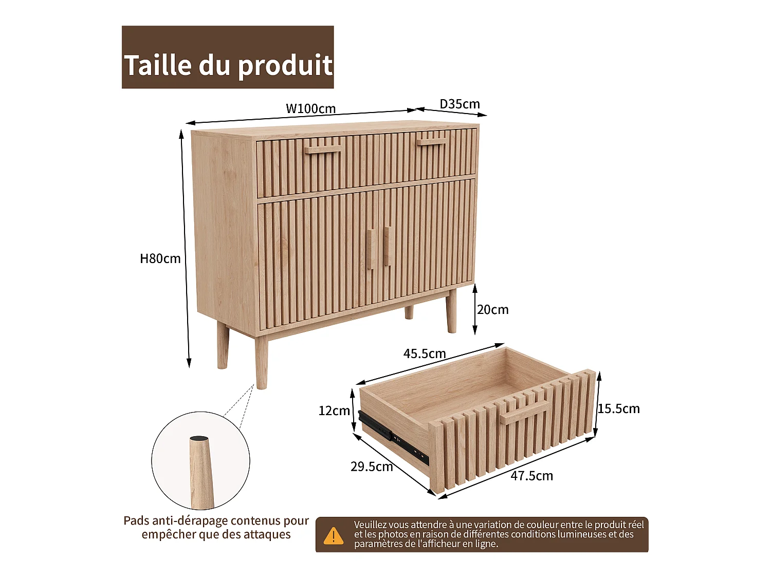 Buffet en bois massif avec 2 tiroirs et 2 portes – Design nordique, 100 x 35 x 80 cm, couleur naturelle