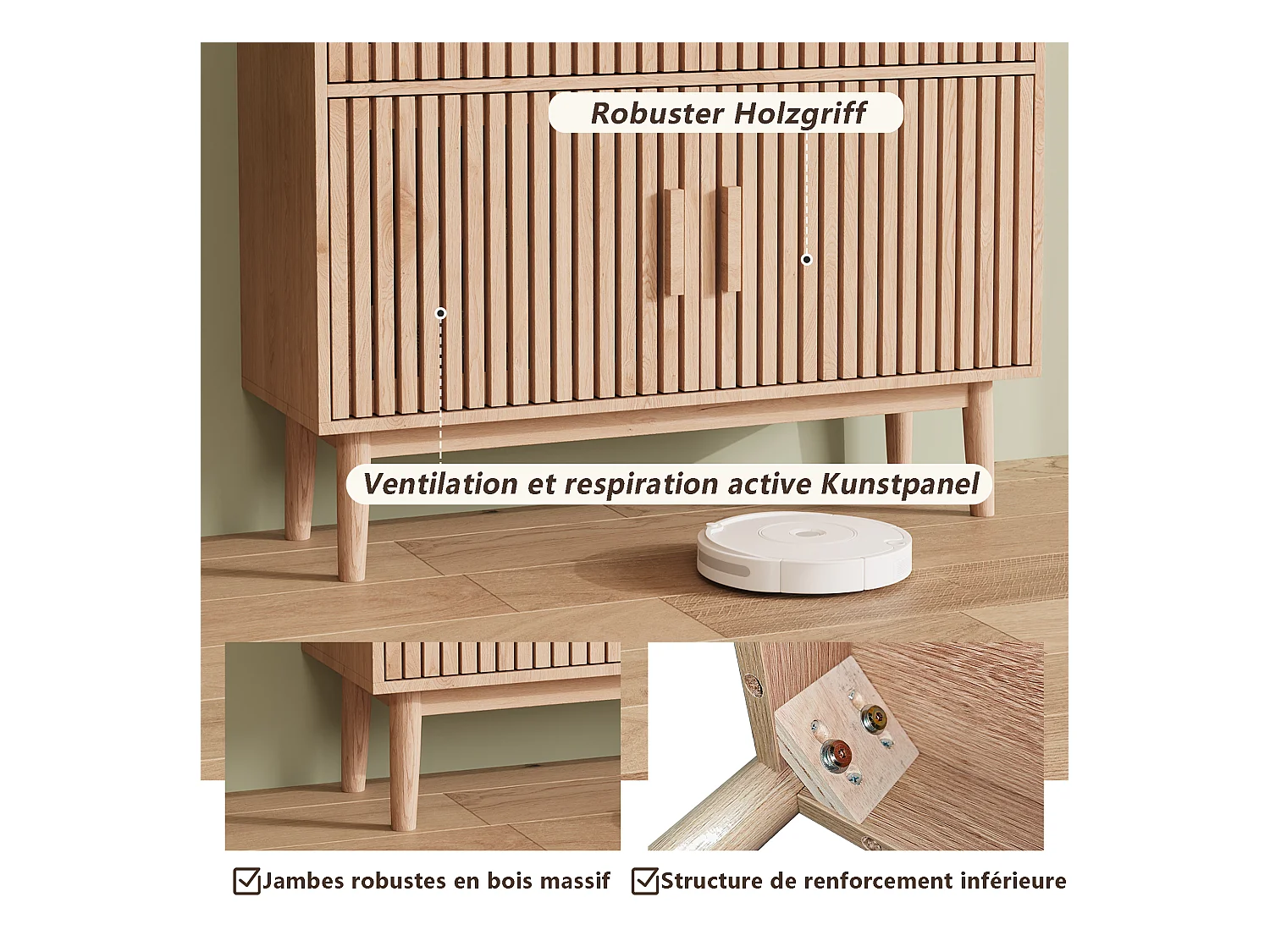 Buffet en bois massif avec 2 tiroirs et 2 portes – Design nordique, 100 x 35 x 80 cm, couleur naturelle