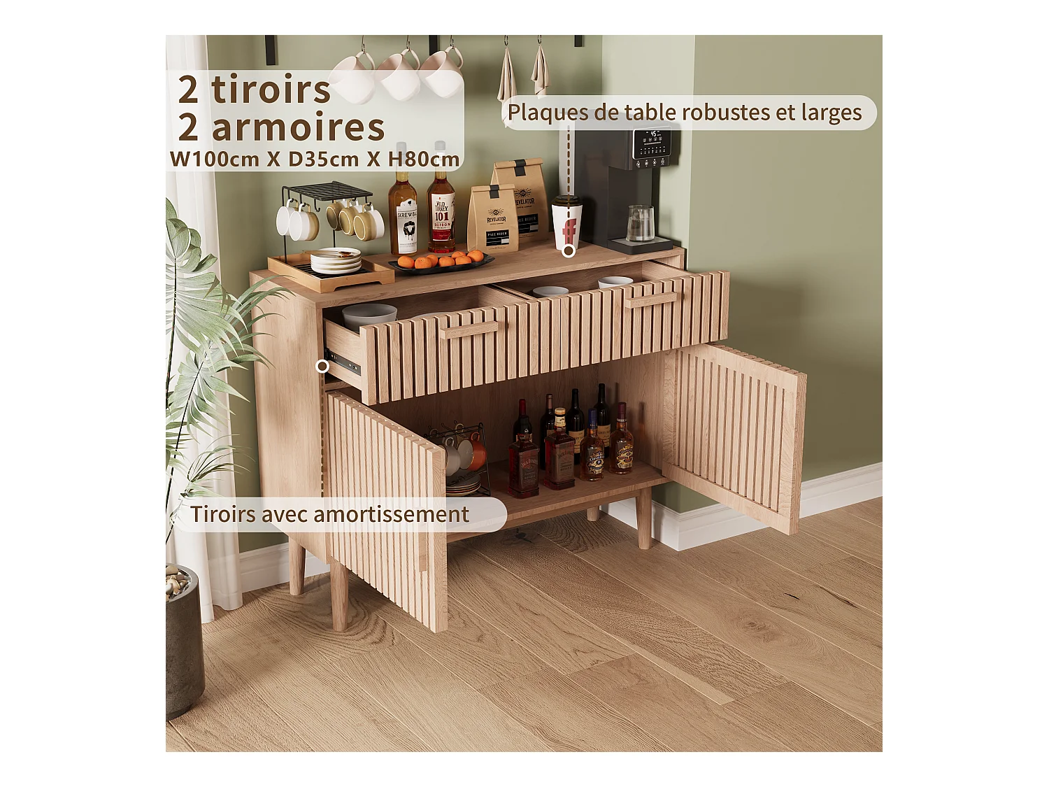 Buffet en bois massif avec 2 tiroirs et 2 portes – Design nordique, 100 x 35 x 80 cm, couleur naturelle