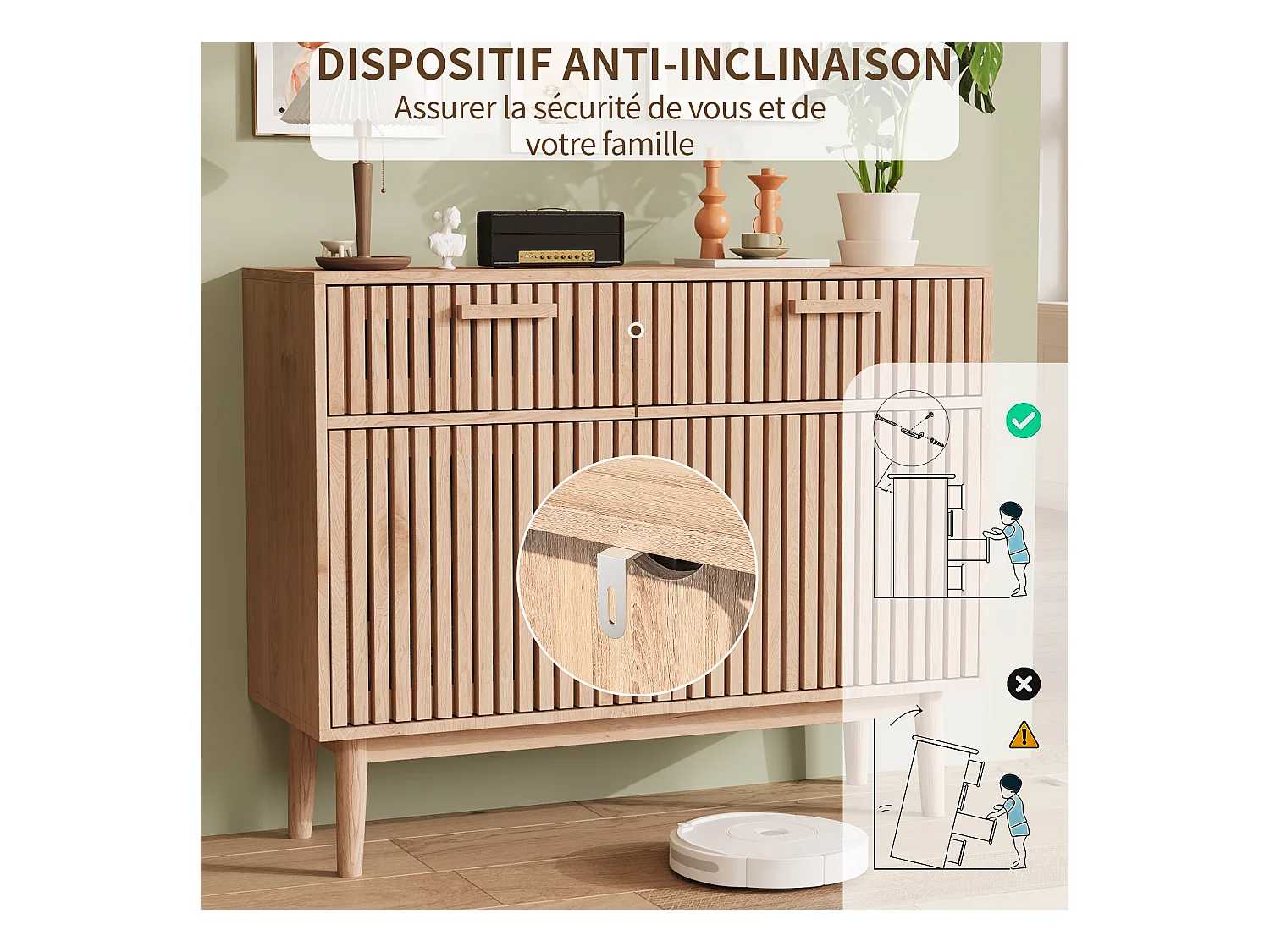 Buffet en bois massif avec 2 tiroirs et 2 portes – Design nordique, 100 x 35 x 80 cm, couleur naturelle