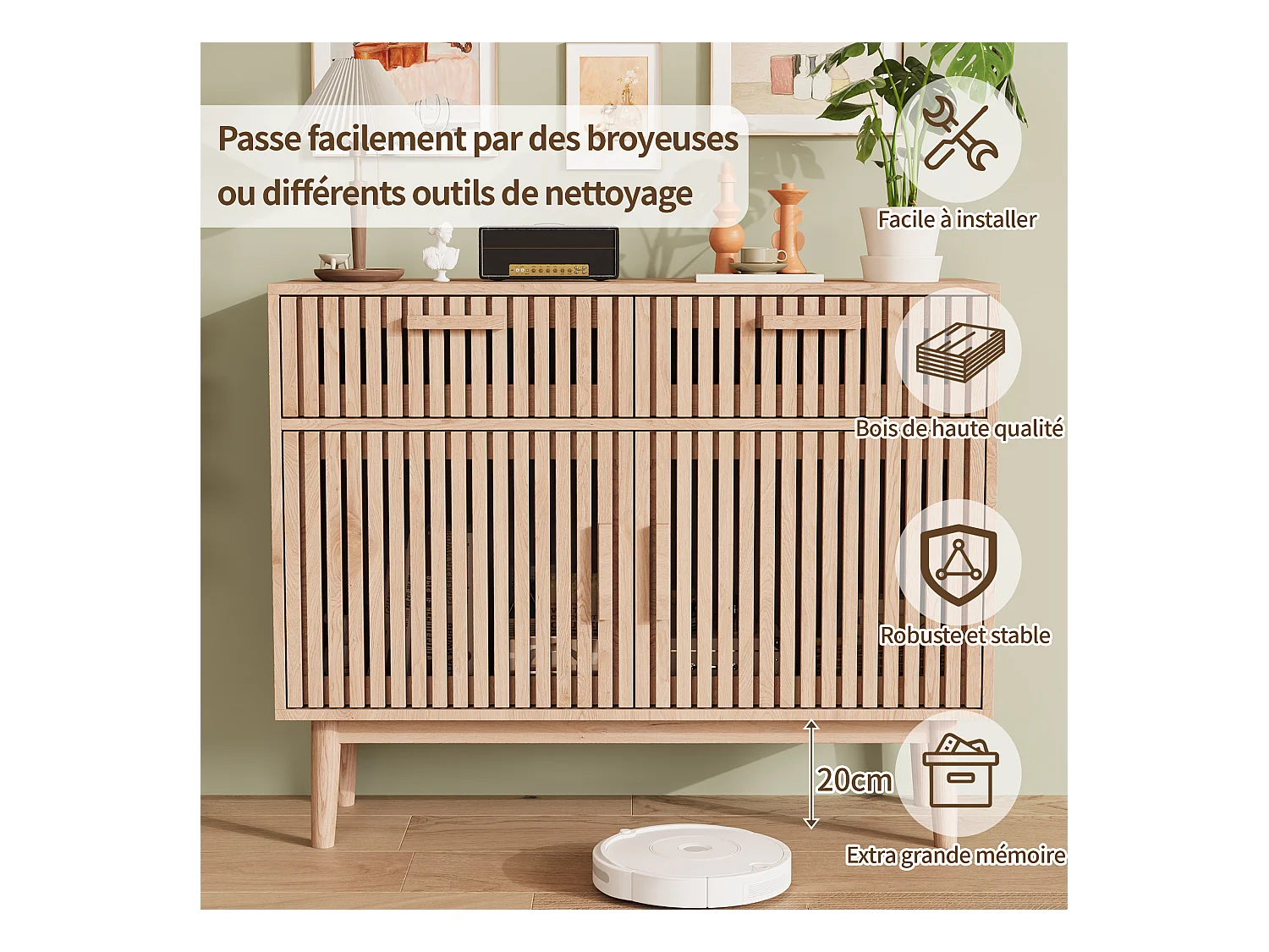 Buffet en bois massif avec 2 tiroirs et 2 portes – Design nordique, 100 x 35 x 80 cm, couleur naturelle