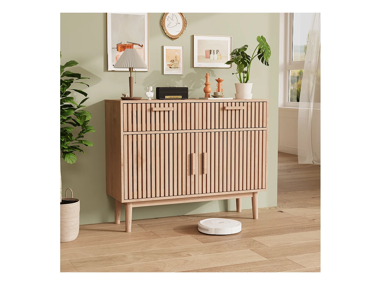 Buffet en bois massif avec 2 tiroirs et 2 portes – Design nordique, 100 x 35 x 80 cm, couleur naturelle