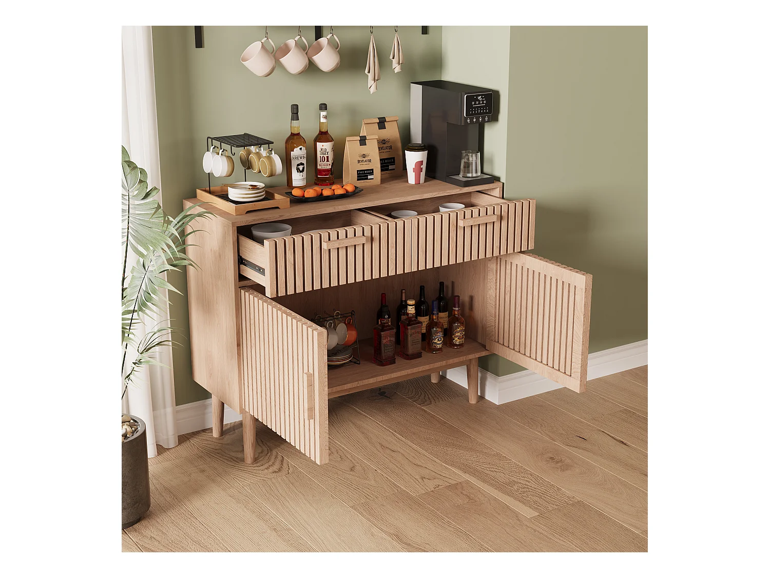 Buffet en bois massif avec 2 tiroirs et 2 portes – Design nordique, 100 x 35 x 80 cm, couleur naturelle