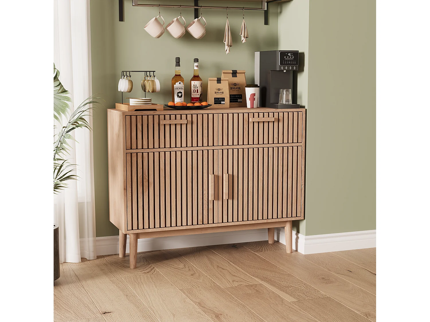 Buffet en bois massif avec 2 tiroirs et 2 portes – Design nordique, 100 x 35 x 80 cm, couleur naturelle