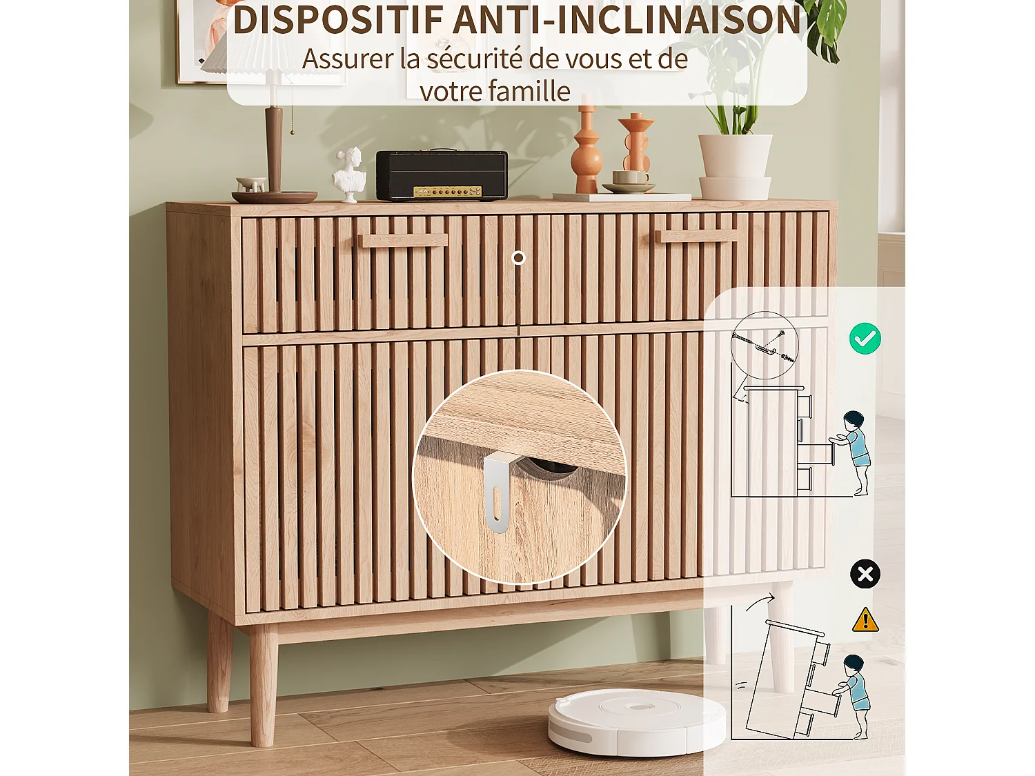 Buffet en bois massif avec 2 tiroirs et 2 portes – Design nordique, 100 x 35 x 80 cm, couleur naturelle