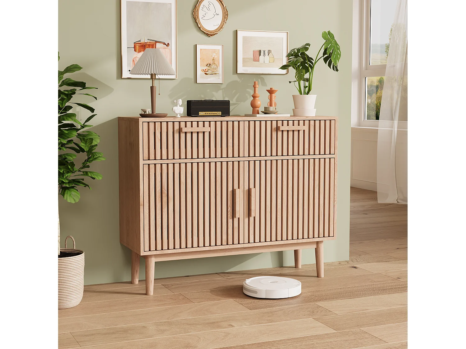 Credenza in legno massello con 2 cassetti e 2 ante – Design nordico, 100x35x80cm, colore naturale
