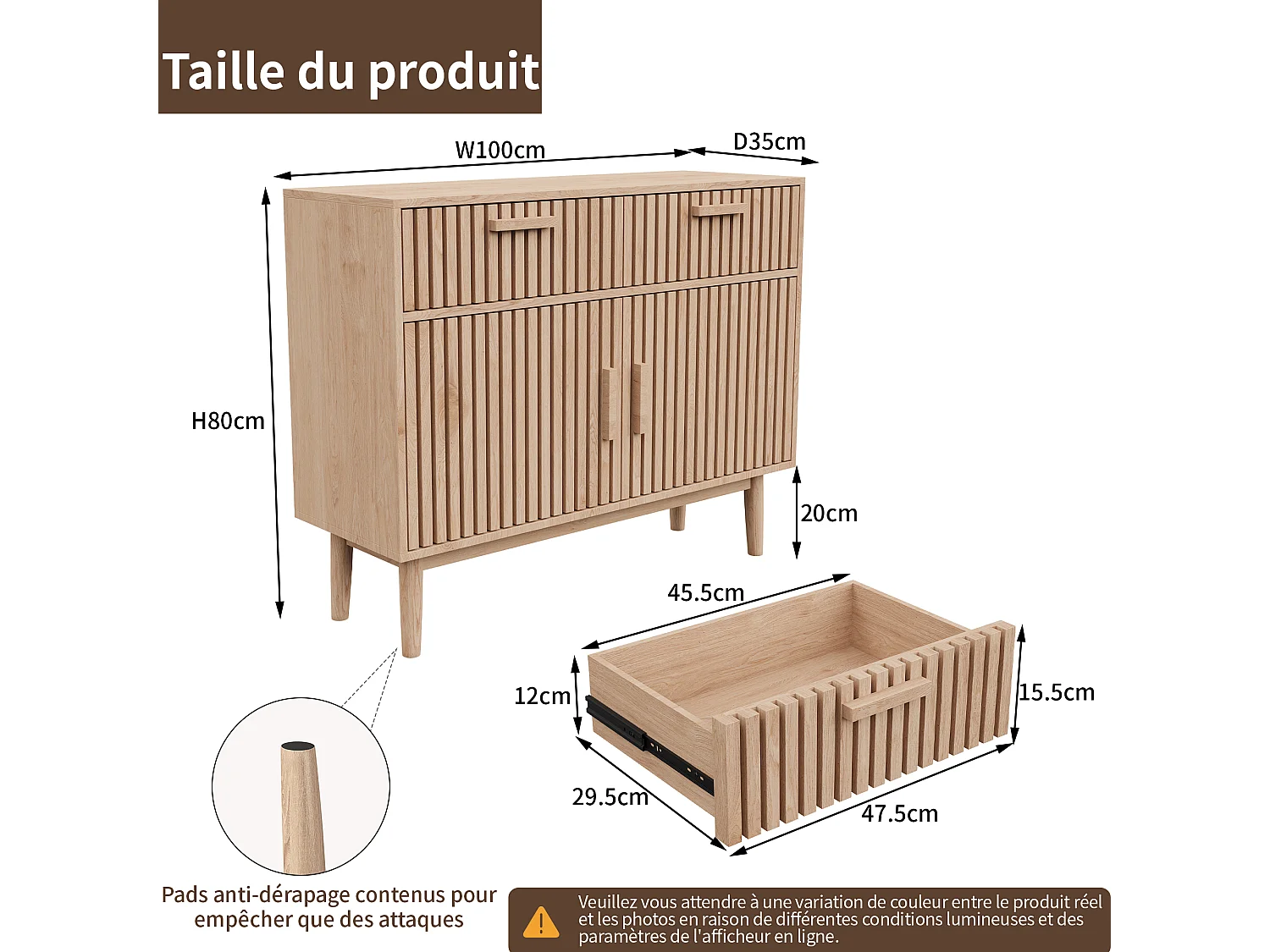 Credenza in legno massello con 2 cassetti e 2 ante – Design nordico, 100x35x80cm, colore naturale