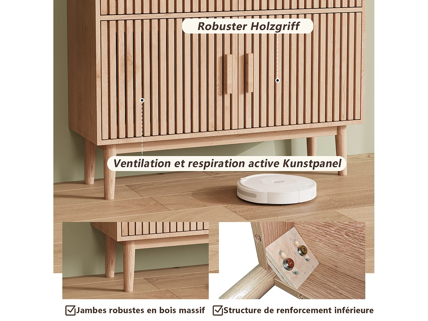 Credenza in legno massello con 2 cassetti e 2 ante – Design nordico, 100x35x80cm, colore naturale