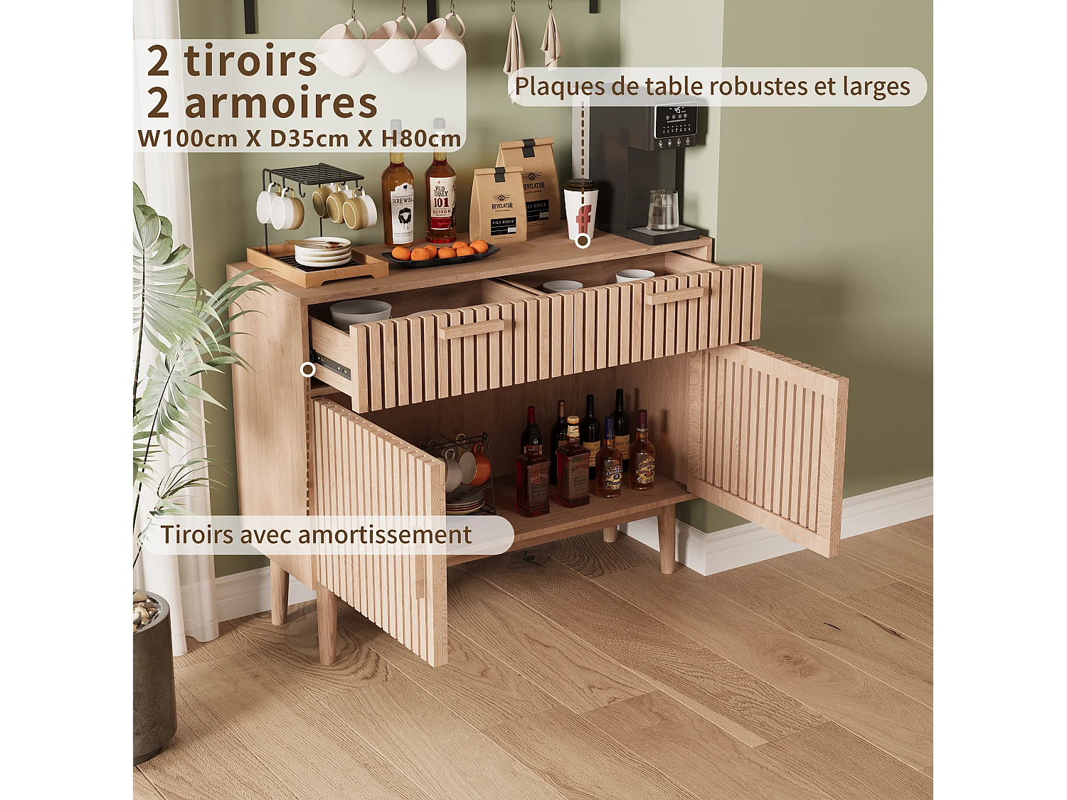 Credenza in legno massello con 2 cassetti e 2 ante – Design nordico, 100x35x80cm, colore naturale