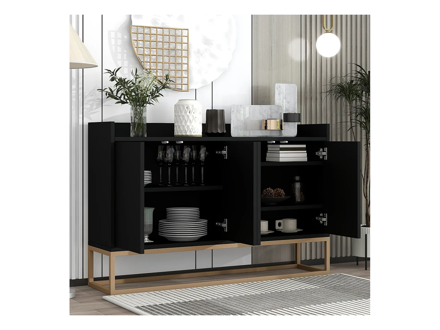 Modern minimalistisch dressoir 120 cm met 4 deuren, metalen frame en verstelbare planken - zwart en goud