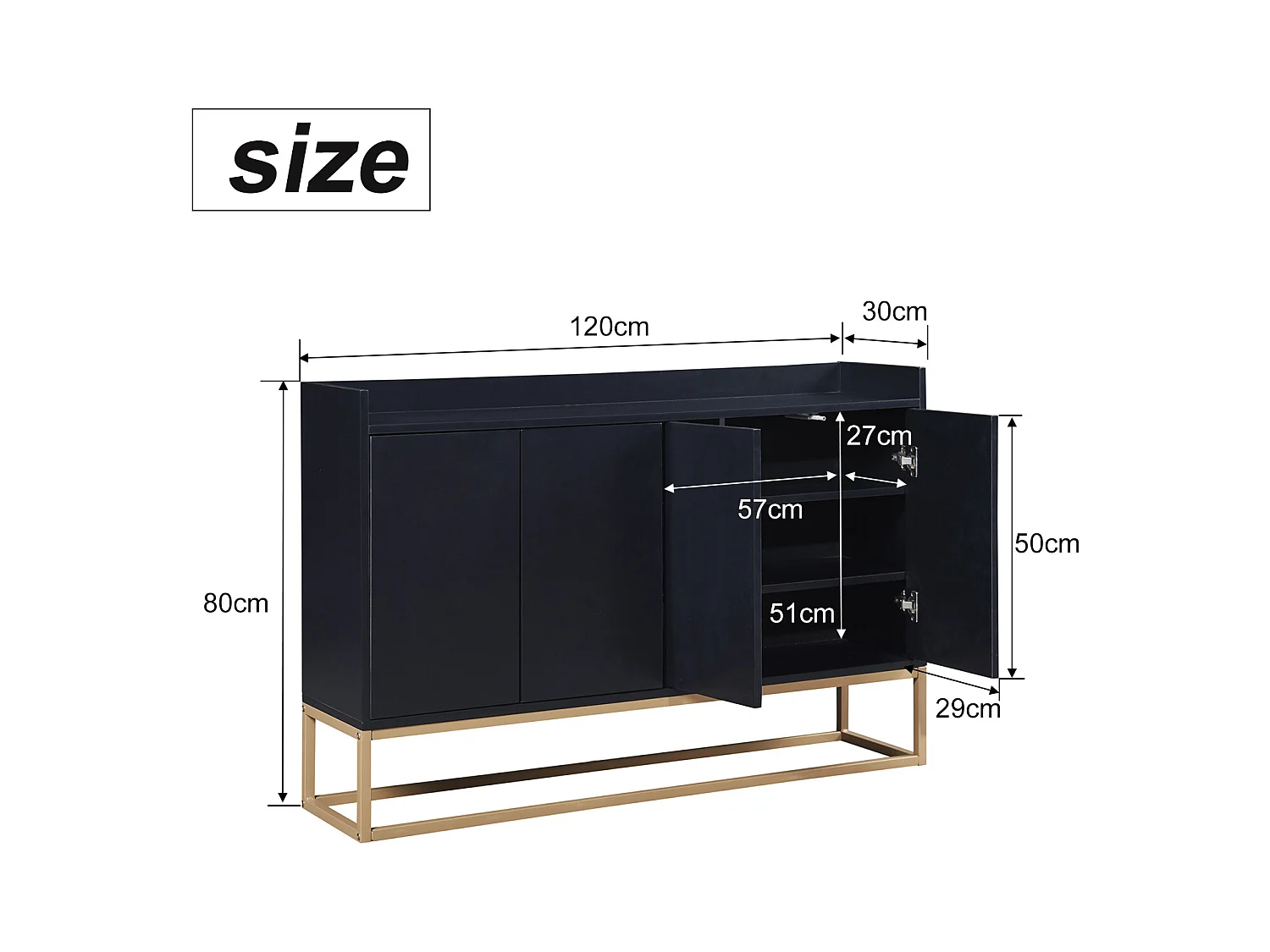 Modern minimalistisch dressoir 120 cm met 4 deuren, metalen frame en verstelbare planken - zwart en goud