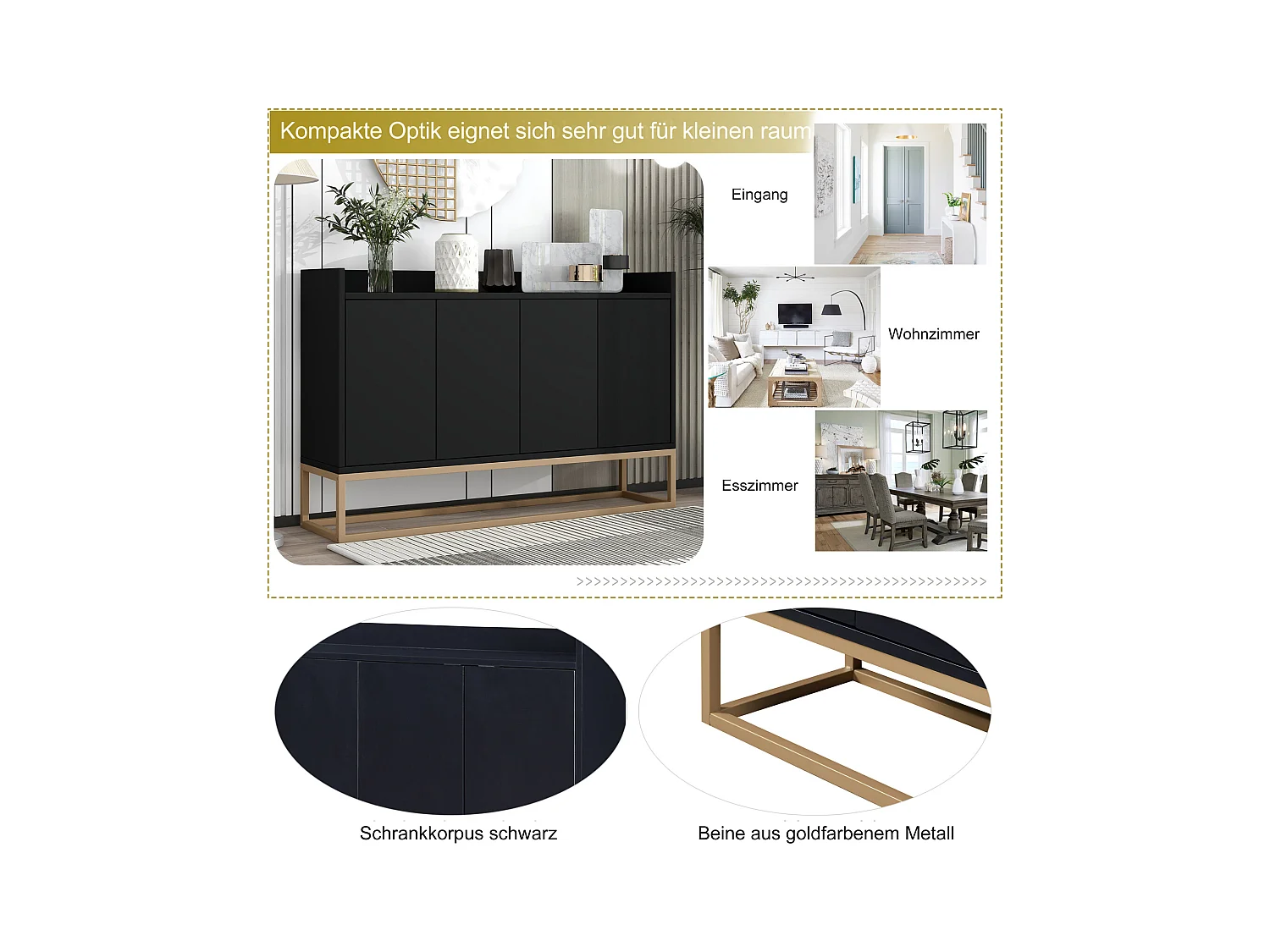 Modern minimalistisch dressoir 120 cm met 4 deuren, metalen frame en verstelbare planken - zwart en goud