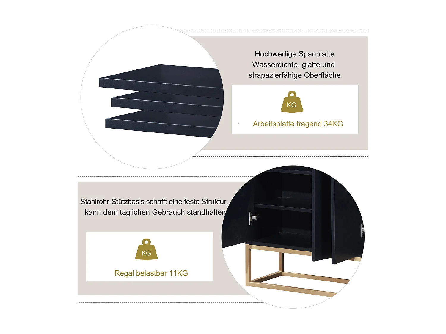 Modern minimalistisch dressoir 120 cm met 4 deuren, metalen frame en verstelbare planken - zwart en goud