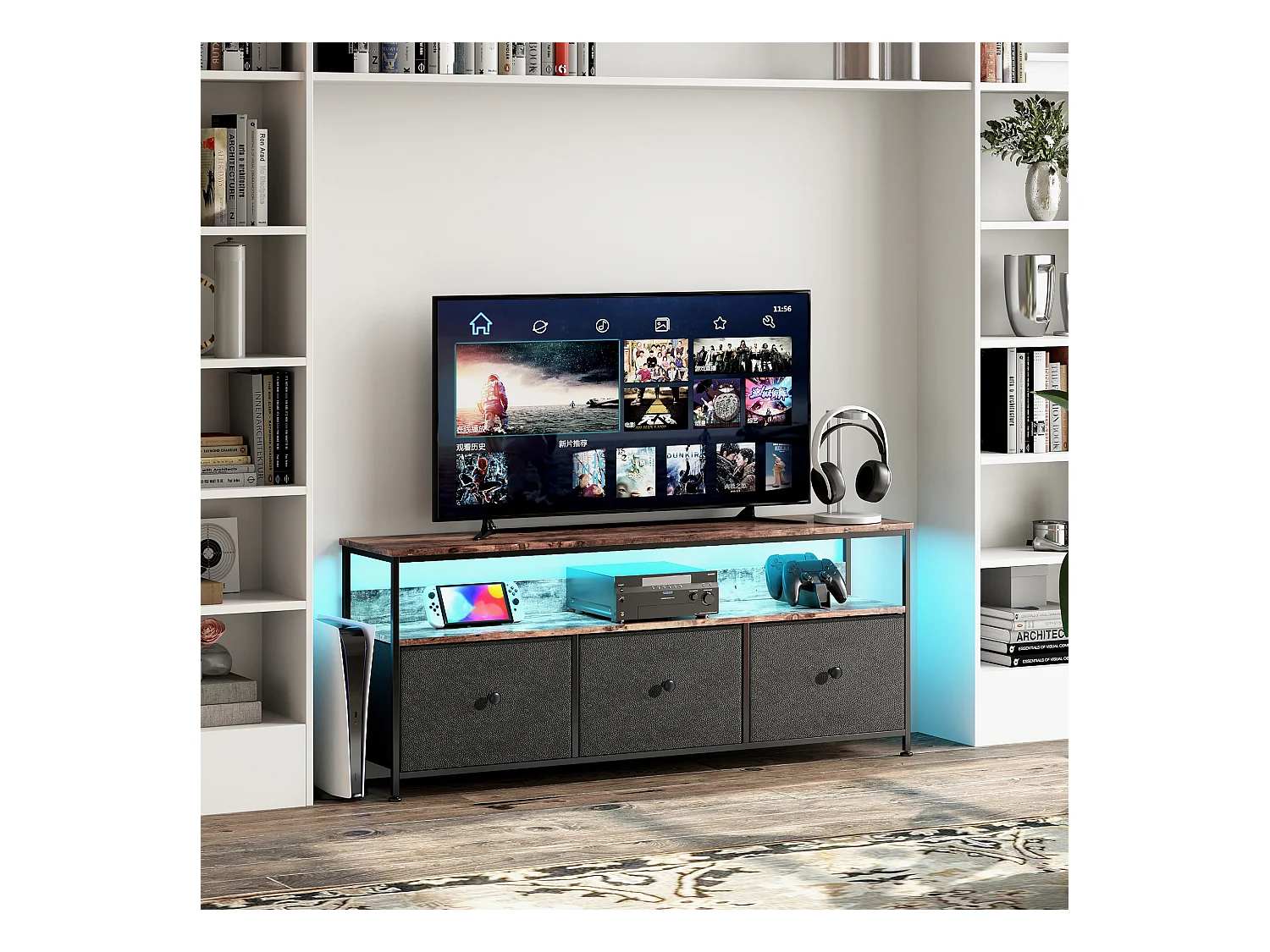 Meuble TV avec LED RGB, 3 tiroirs en tissu vintage, structure en métal, 137 x 30 x 57 cm, étagère réglable