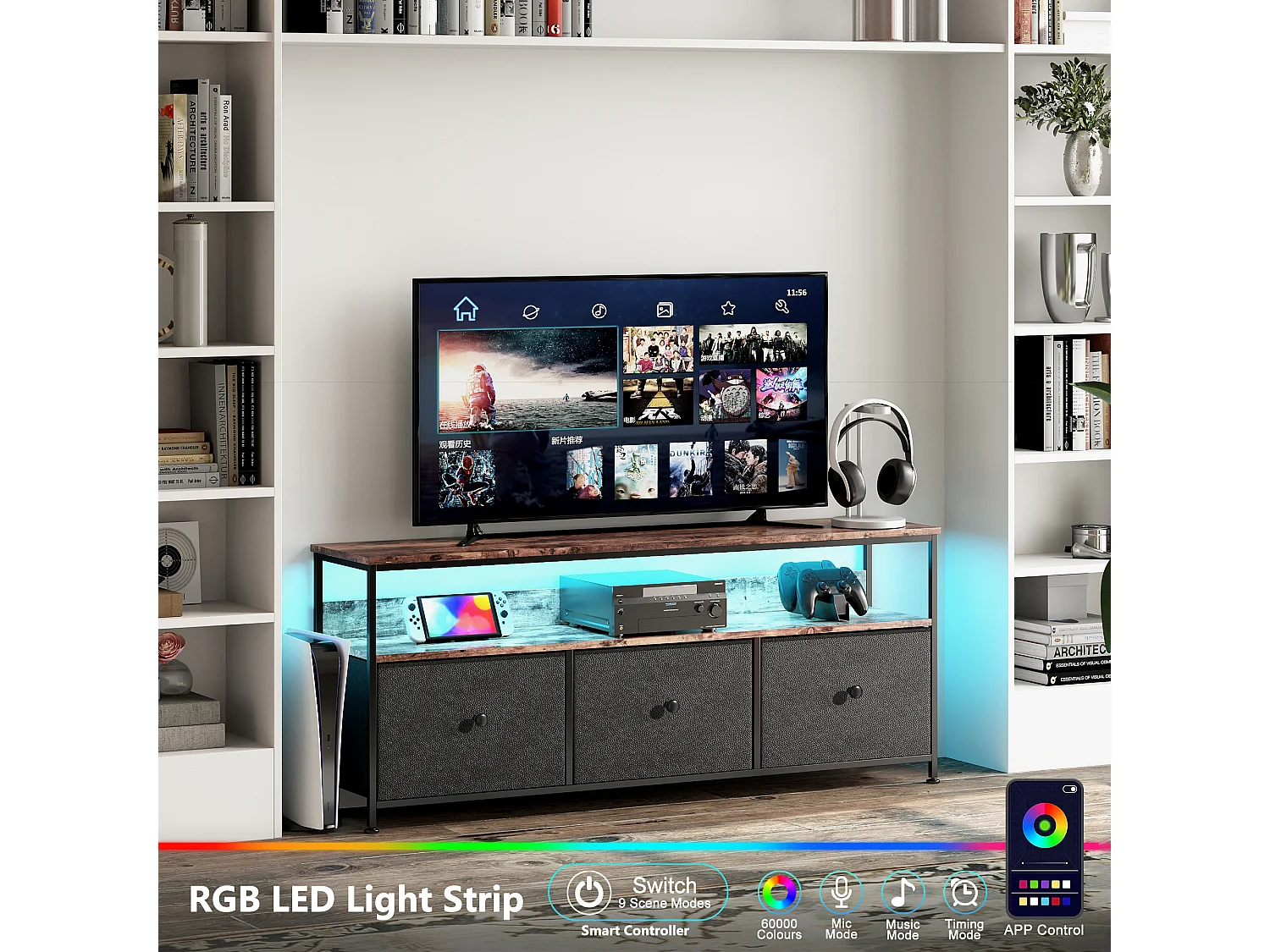Mueble de TV con LED RGB, 3 cajones de tela vintage, estructura de metal, 137 x 30 x 57 cm, estante ajustable