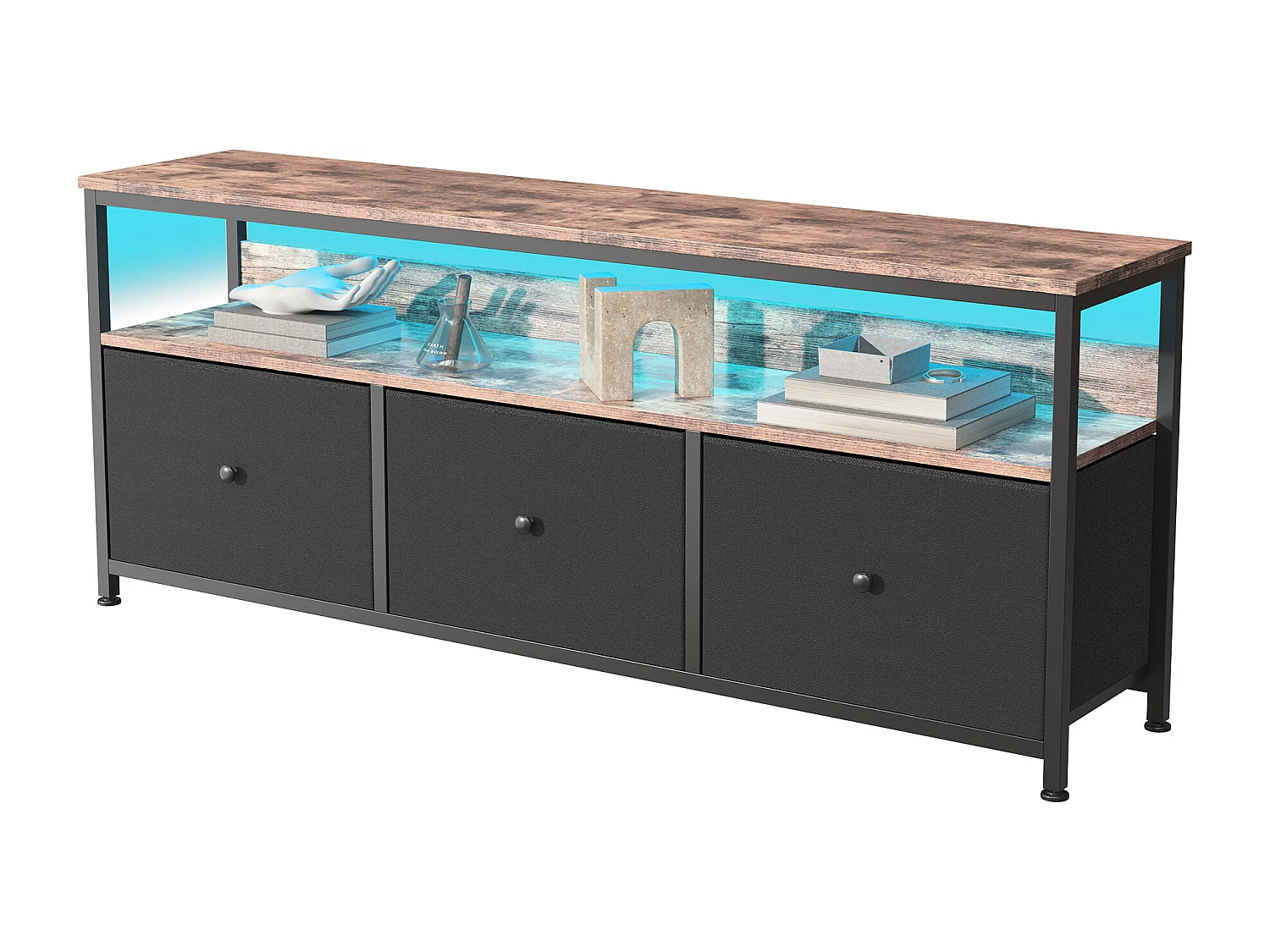 Mueble de TV con LED RGB, 3 cajones de tela vintage, estructura de metal, 137 x 30 x 57 cm, estante ajustable