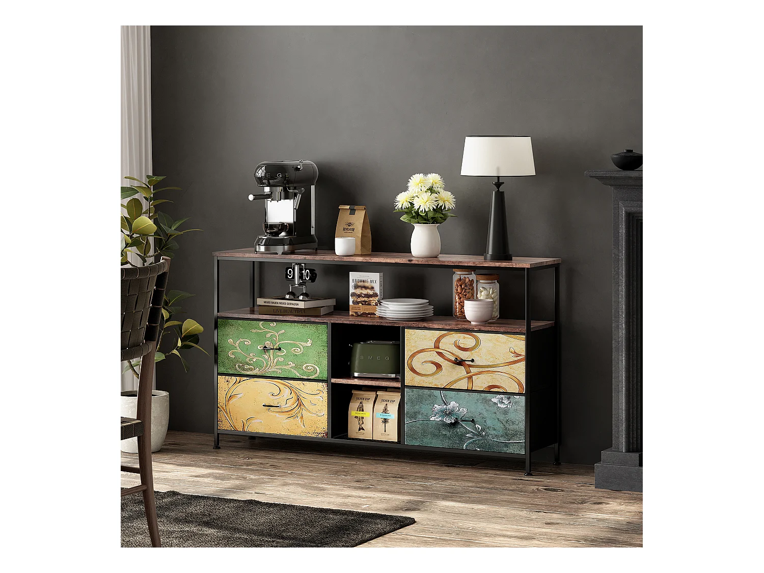 Meuble TV avec LED RGB, 4 tiroirs en tissu vintage, structure en métal, 108 x 30 x 57 cm, étagère réglable