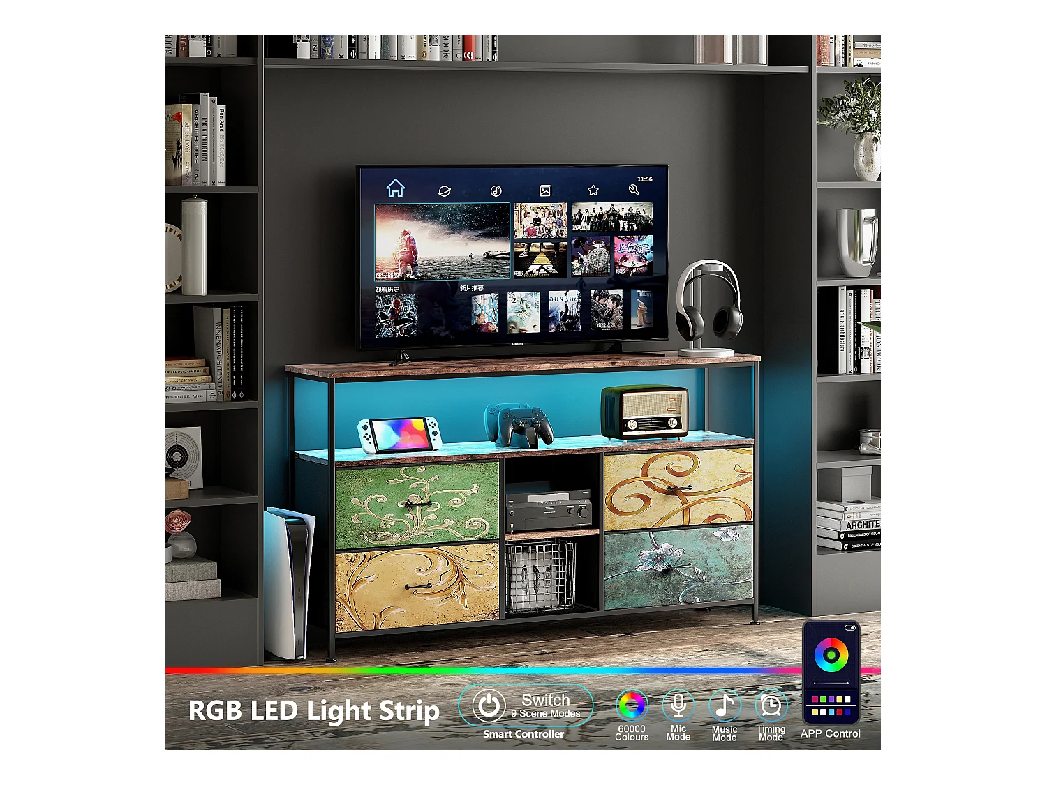 Meuble TV avec LED RGB, 4 tiroirs en tissu vintage, structure en métal, 108 x 30 x 57 cm, étagère réglable