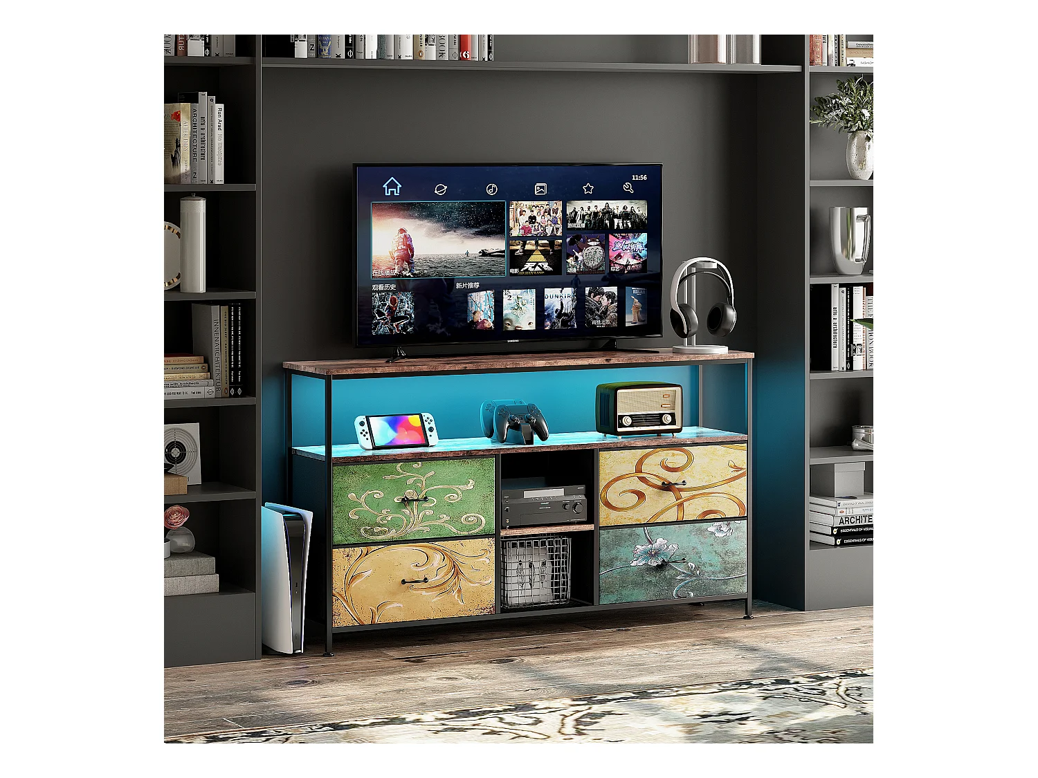Meuble TV avec LED RGB, 4 tiroirs en tissu vintage, structure en métal, 108 x 30 x 57 cm, étagère réglable