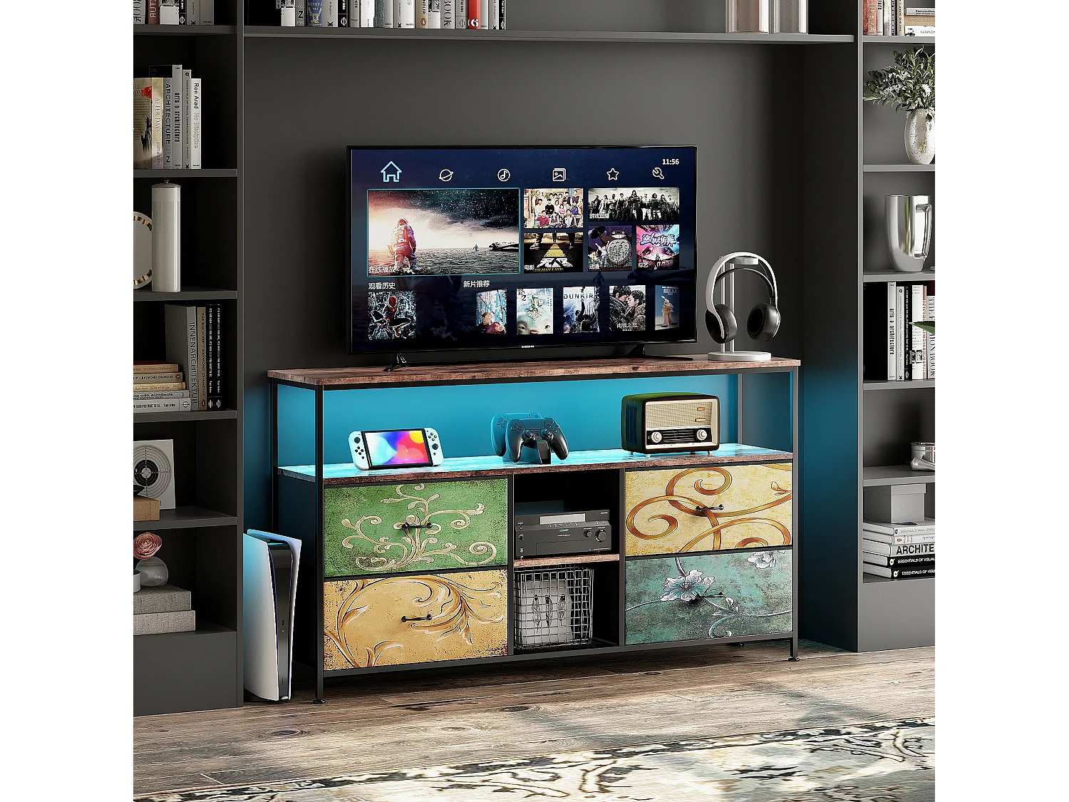 Meuble TV avec LED RGB, 4 tiroirs en tissu vintage, structure en métal, 108 x 30 x 57 cm, étagère réglable