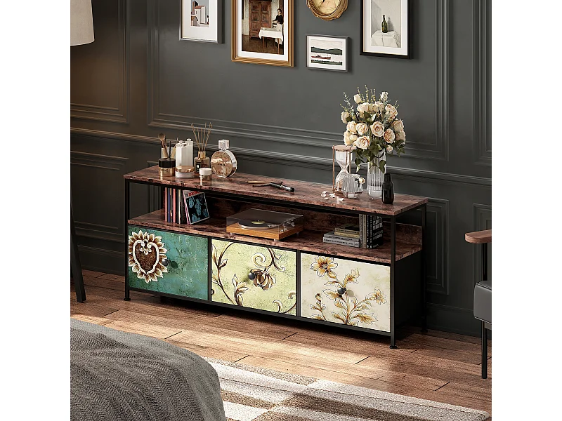 TV-meubel met RGB LED, 3 vintage stoffen lades, metalen frame, 108x30x57cm, verstelbare plank