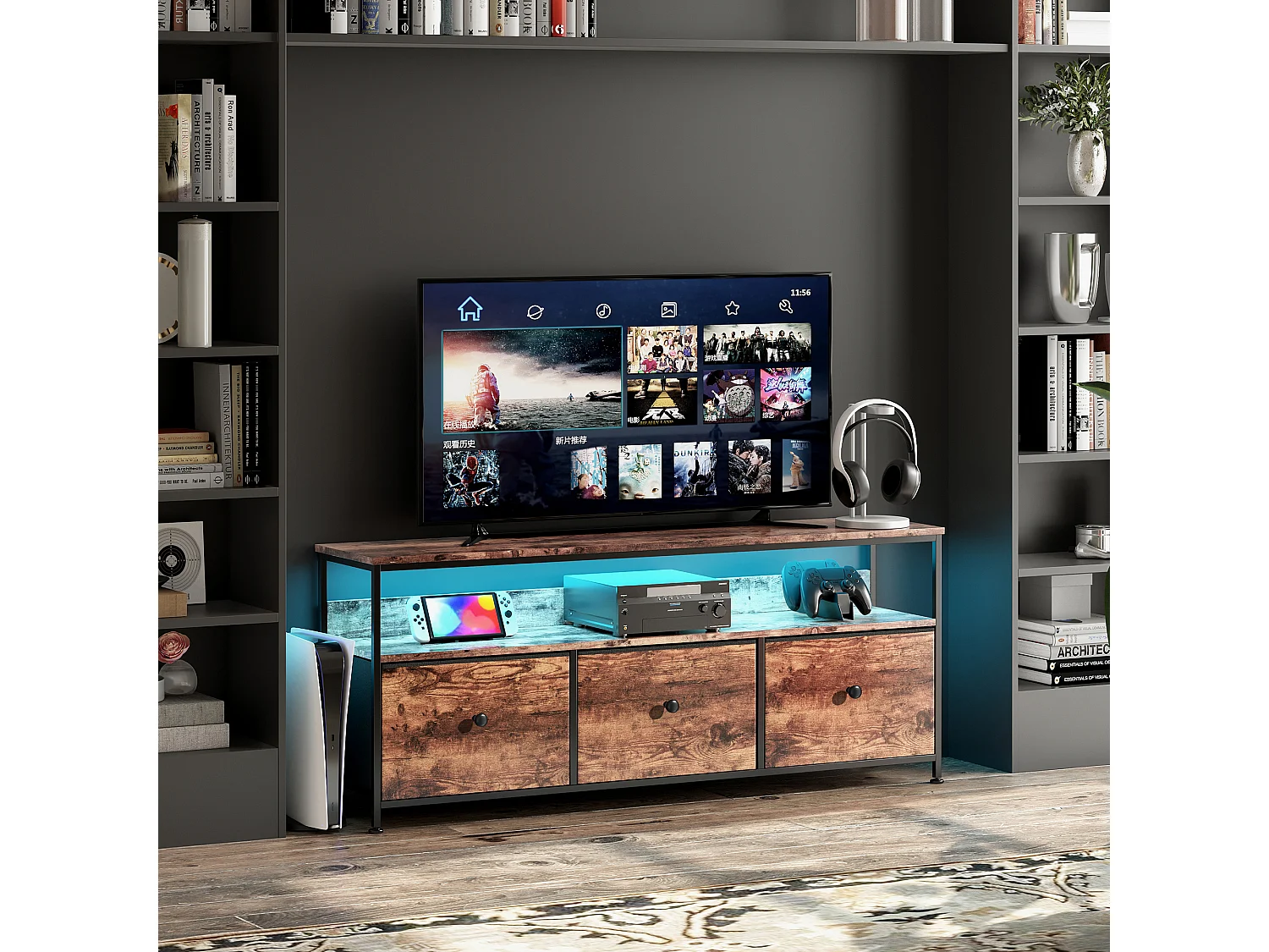 Meuble TV avec LED RGB, 3 tiroirs en tissu vintage, structure en métal, 137 x 30 x 57 cm, étagère réglable