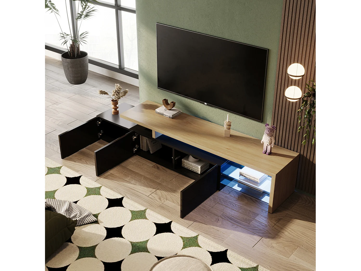 Meuble TV moderne avec LED, noir et chêne, 200 cm – avec chargeur européen