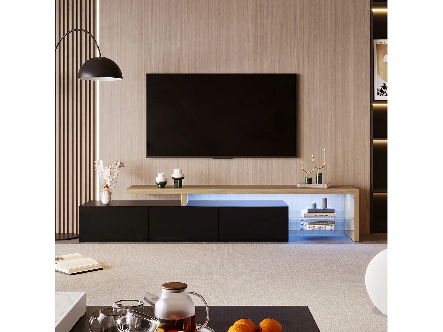 Meuble TV moderne avec LED, noir et chêne, 200 cm – avec chargeur européen