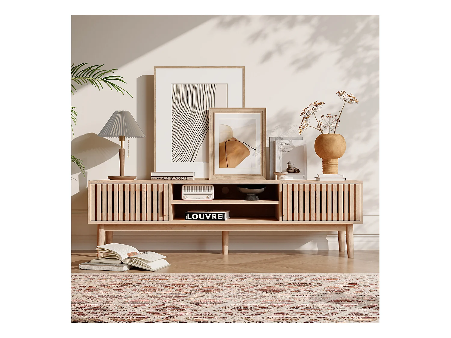 Meuble TV en bois massif avec portes à panneaux ventilés et rangement — Couleur naturelle