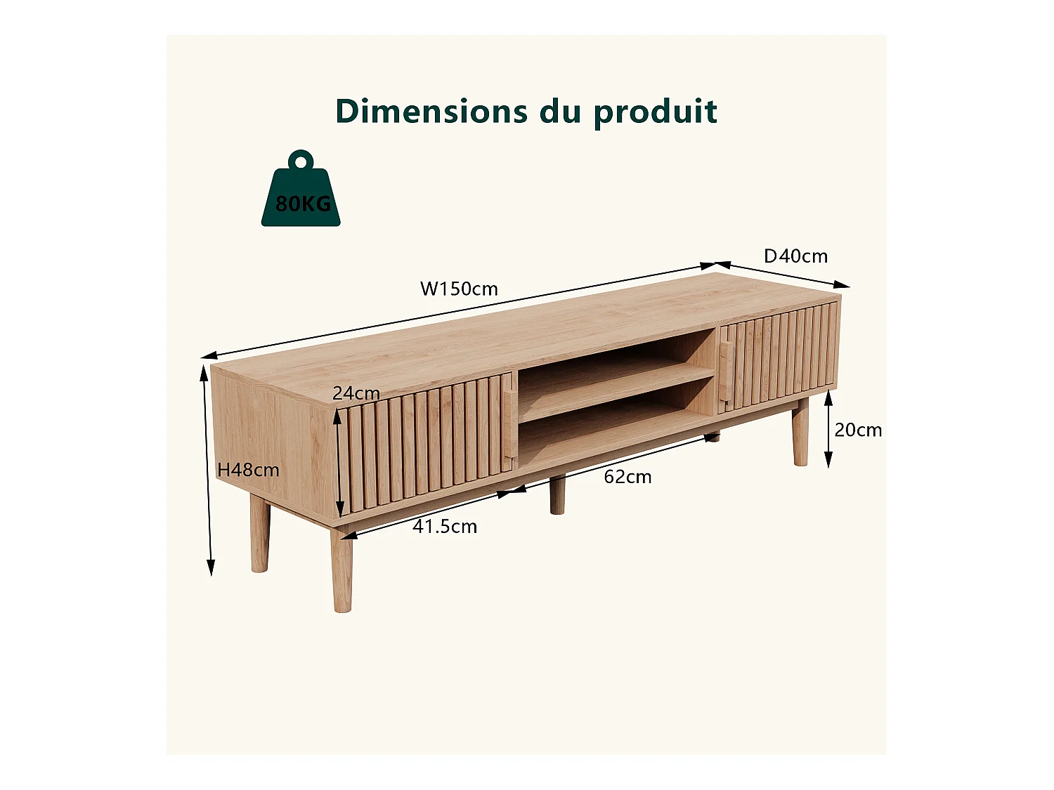 Meuble TV en bois massif avec portes à panneaux ventilés et rangement — Couleur naturelle