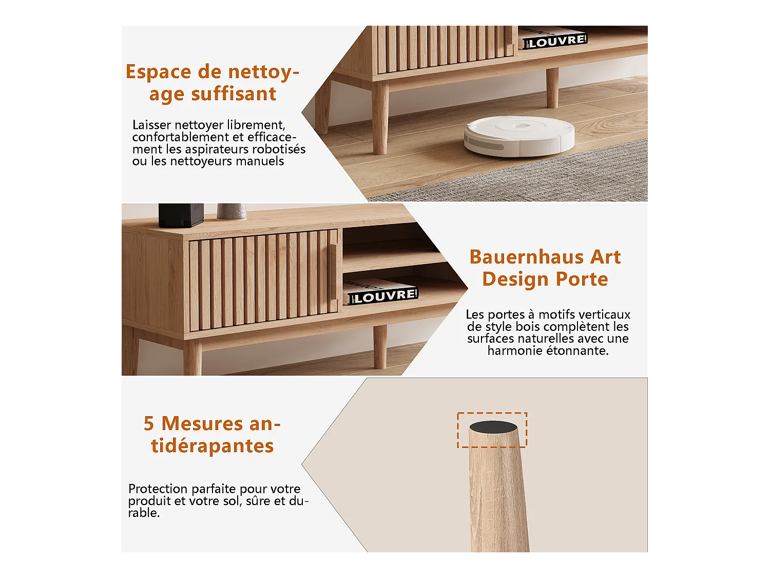 Meuble TV en bois massif avec portes à panneaux ventilés et rangement — Couleur naturelle