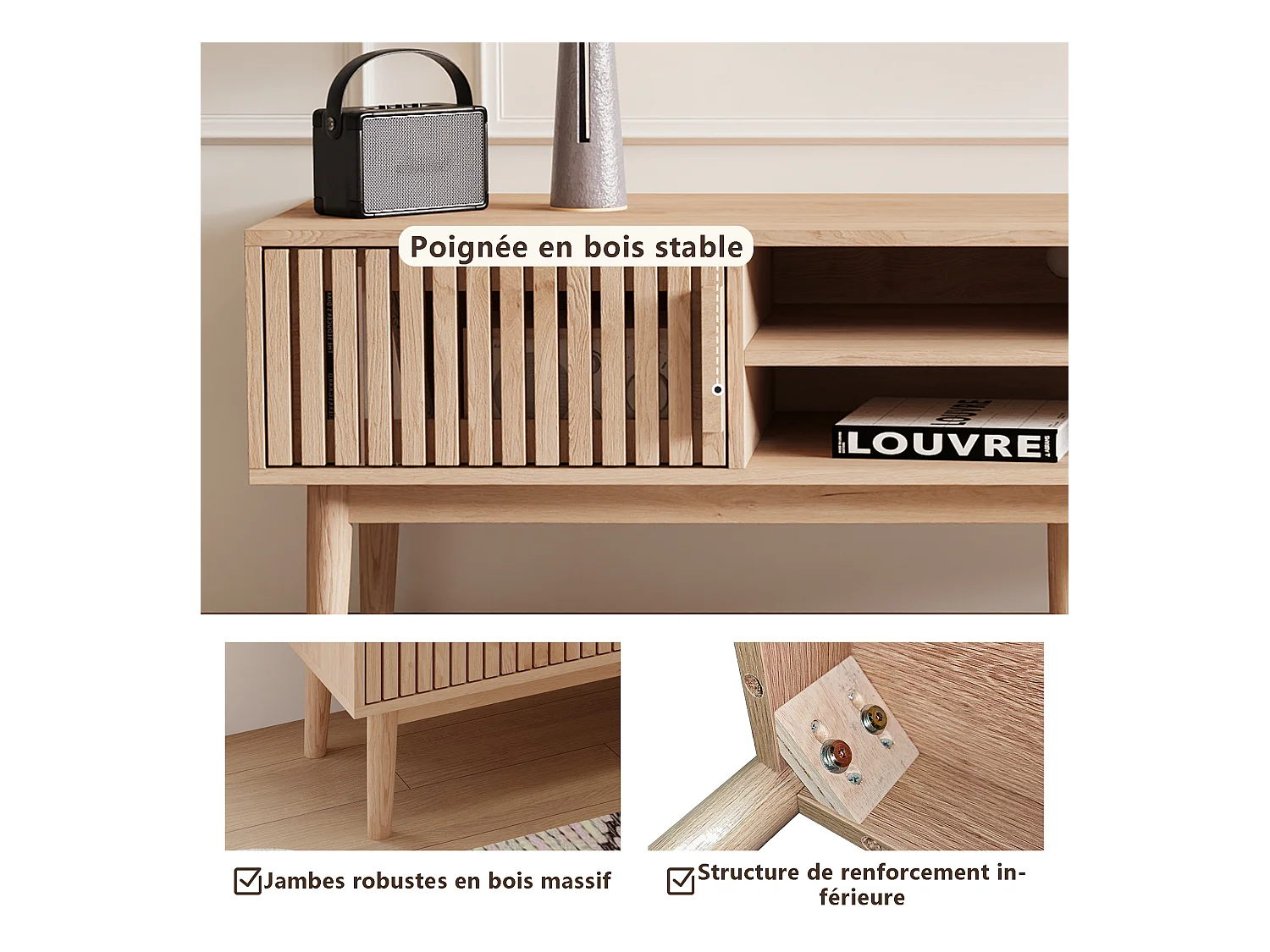 Meuble TV en bois massif avec portes à panneaux ventilés et rangement — Couleur naturelle